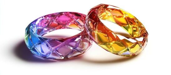 Fototapeta premium Colorful gem-like rings displayed diagonally, one in pink and the other in yellow, casting soft shadows on a clean white background.
