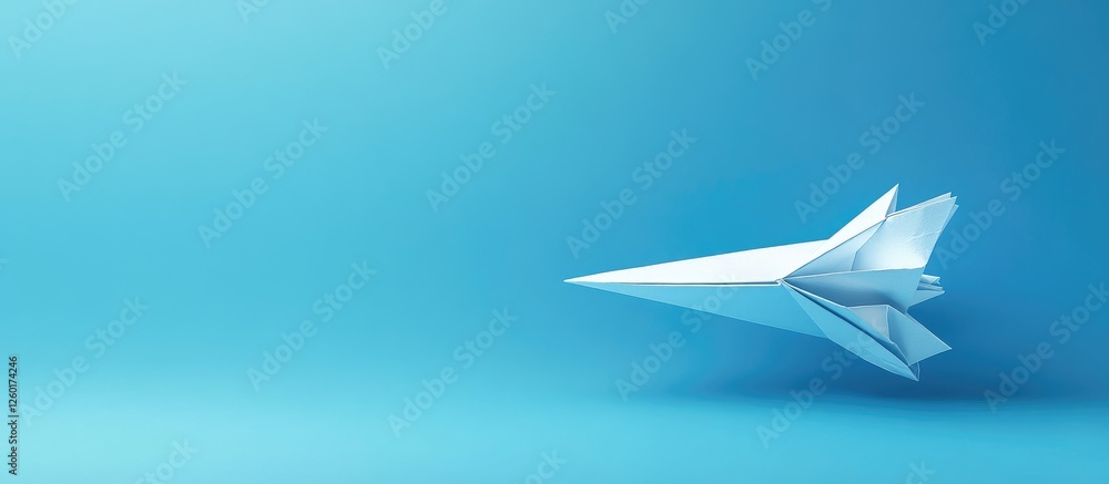 Poster origami paper rocket soaring on a soft blue gradient background with smooth lighting and subtle shad