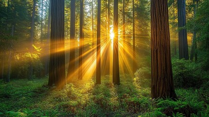 Obraz premium Redwood forest bathed in golden sunrise light