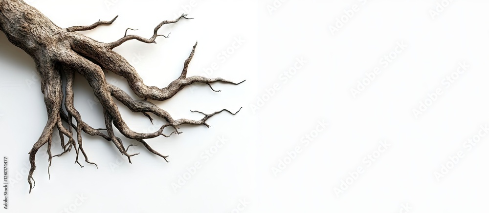 Poster tree roots on a white background, showcasing intricate textures in muted browns, with branches exten