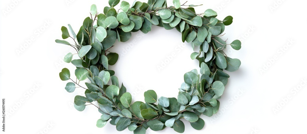 Poster round eucalyptus branch wreath frame with green leaves centered on a white background arranged flat 