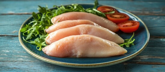 Fresh raw chicken fillets arranged on a blue plate with a bed of arugula and sliced tomatoes on a rustic wooden surface, healthy meal concept