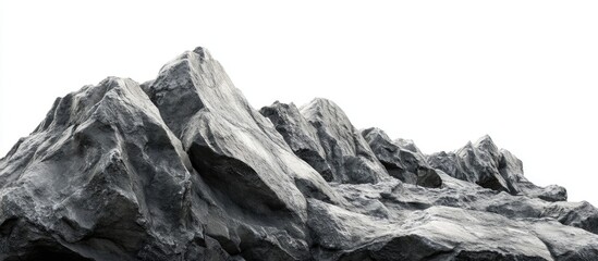 Obraz premium Dark gray rocky mountain slope in the foreground, textured with sharp edges and highlights, isolated on a pure white background for design use.