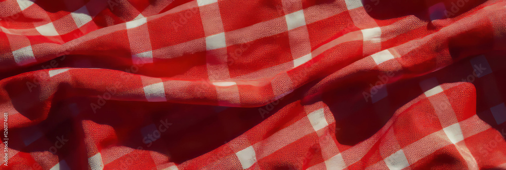 Poster Bright red gingham tablecloth texture with small white checkered pattern and soft appearance
