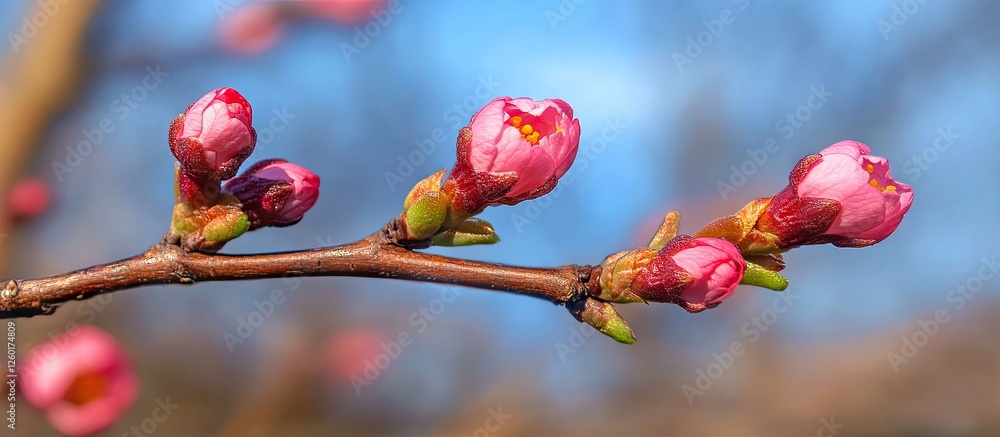 Poster sakura pink cherry blossoms on a slender branch against a clear blue sky with soft focus bokeh creat