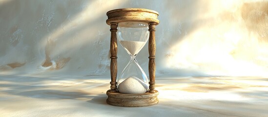 Elegant hourglass timer on a soft light background displaying floating wooden legs and white sand symbolizing anticipation and time passing