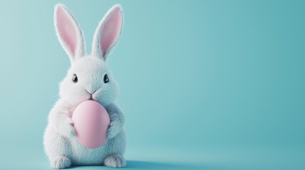 Obraz premium A fluffy bunny holds a soft pastel pink Easter egg, embodying the spirit of spring. The gentle blue background enhances the joyful atmosphere, perfect for the Easter celebrations