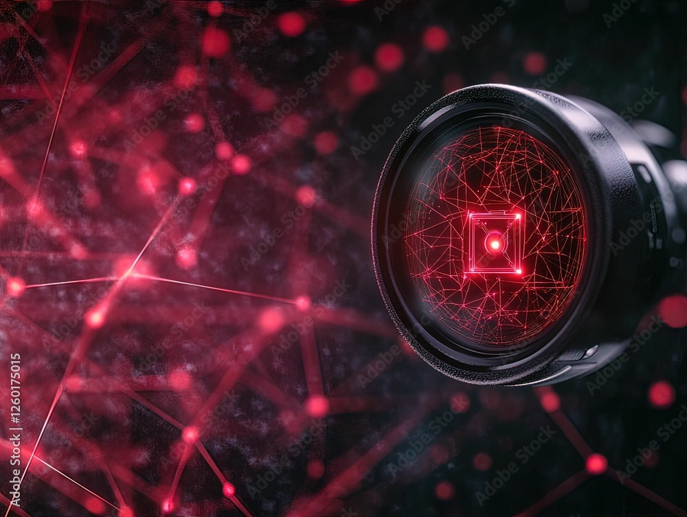 Poster smart camera projects glitchy red holograms of compressed data in technology showcase