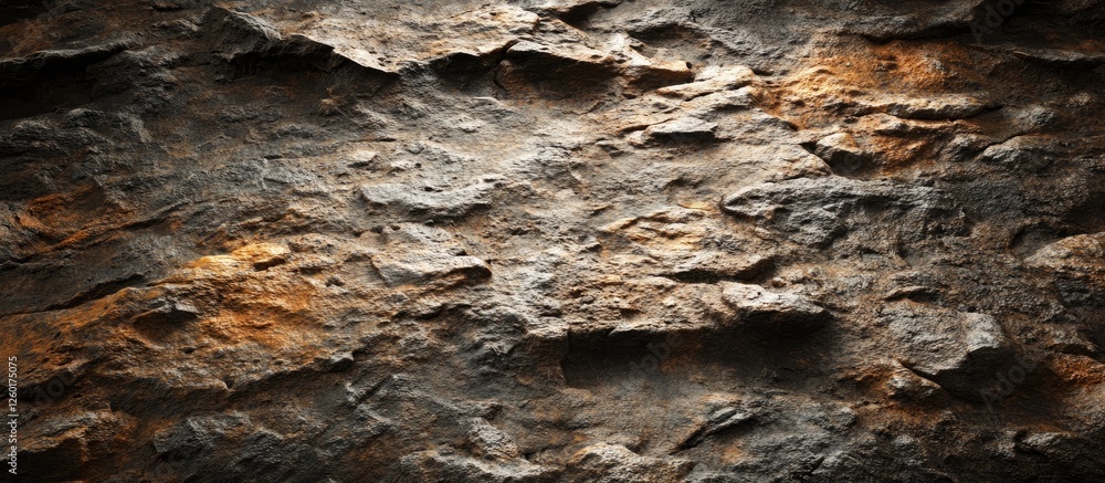 Aufkleber rugged rocky surface with dark browns and earthy tones illuminated by soft natural light emphasizing