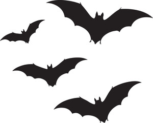 Fototapeta premium Four stylized black bats silhouette in flight against a white background.