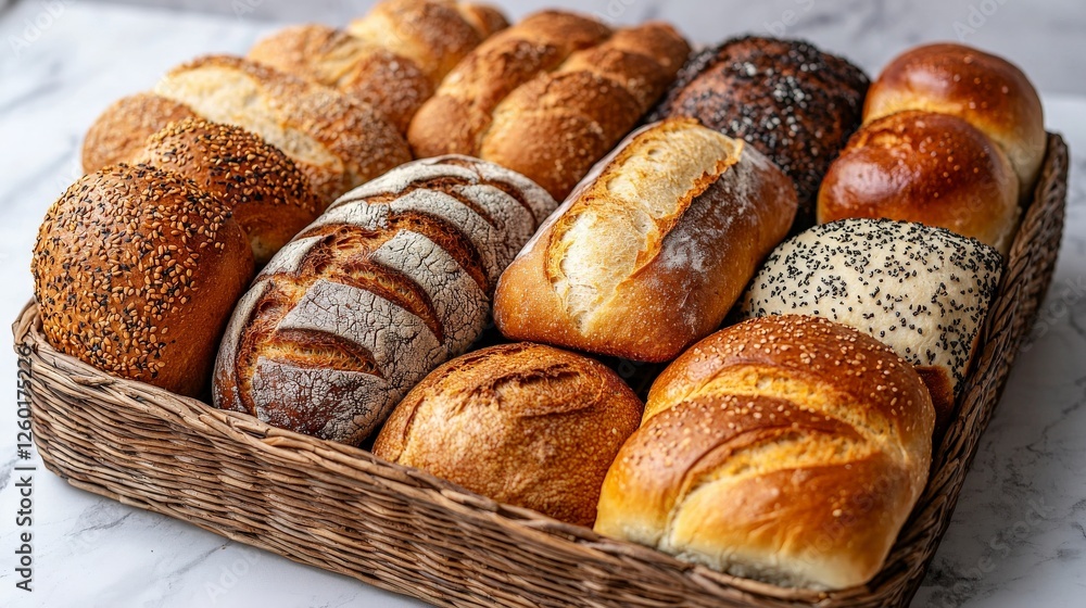 Poster an appealing array of diverse breads presented in a decorative basket, capturing the essence of trad
