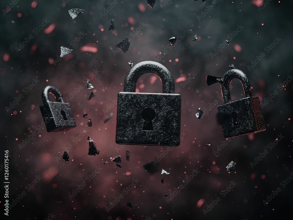 Poster surreal ransomware attack visual with floating padlocks digital realm illustration dark environment 