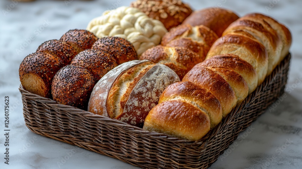 Poster a perfectly arranged display of various fresh breads that highlight different shapes and textures, d