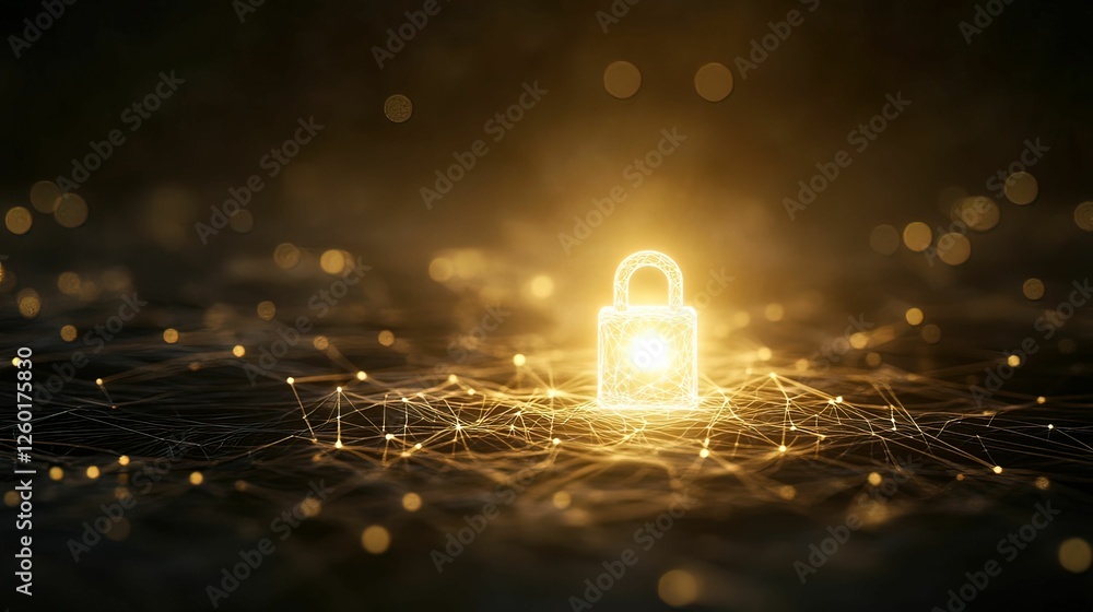 Poster abstract glowing padlock surrounded by interconnected nodes digital security concept dark background