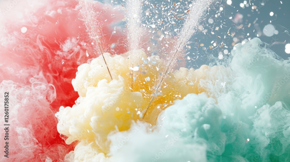 Poster explosive color burst celebration studio setting visual art dynamic environment close-up perspective