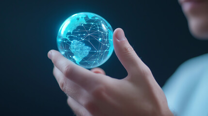 Investor analyzing futuristic globe with flowing data, showcasing global connectivity and technology. image reflects innovation and modernity in digital world