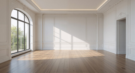 Luxury bright room is empty. large window on the left. light walls, wooden floor. 