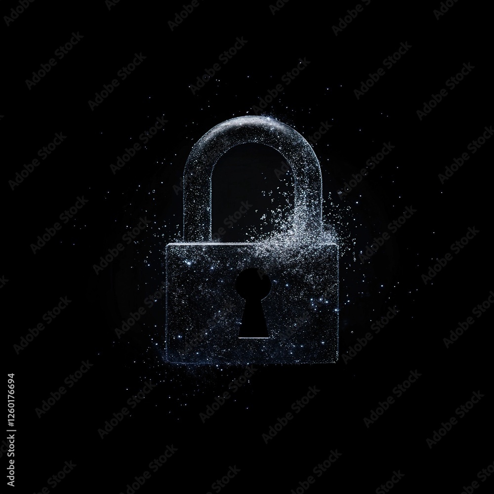 Poster virtual lock breaking apart abstract design digital dark environment close-up view conceptual visual