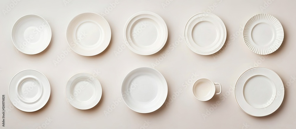 Poster set of minimalist white ceramic tableware arranged neatly on a light background featuring varied pla