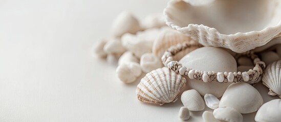 Delicate seashells and smooth stones arranged aesthetically with a stylish bracelet on a light beige background for a serene coastal vibe.