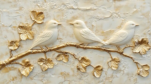 Decorative relief of three white birds perched on a golden branch with textured leaves on a light background