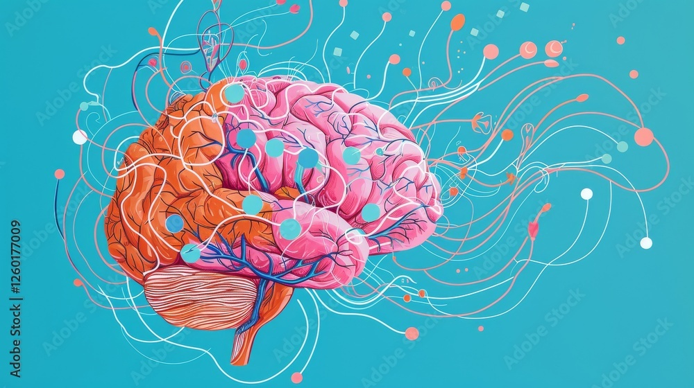 Poster a colorful digital illustration of a human brain with intricate neural connections, symbolizing inte