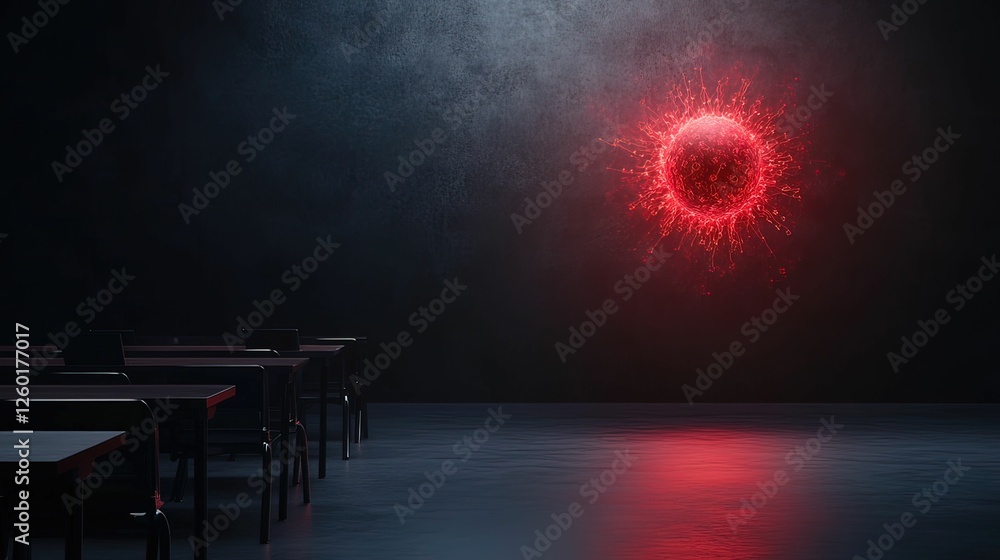 Poster dark and moody smart classroom with red malware visuals futuristic environment digital high-tech con