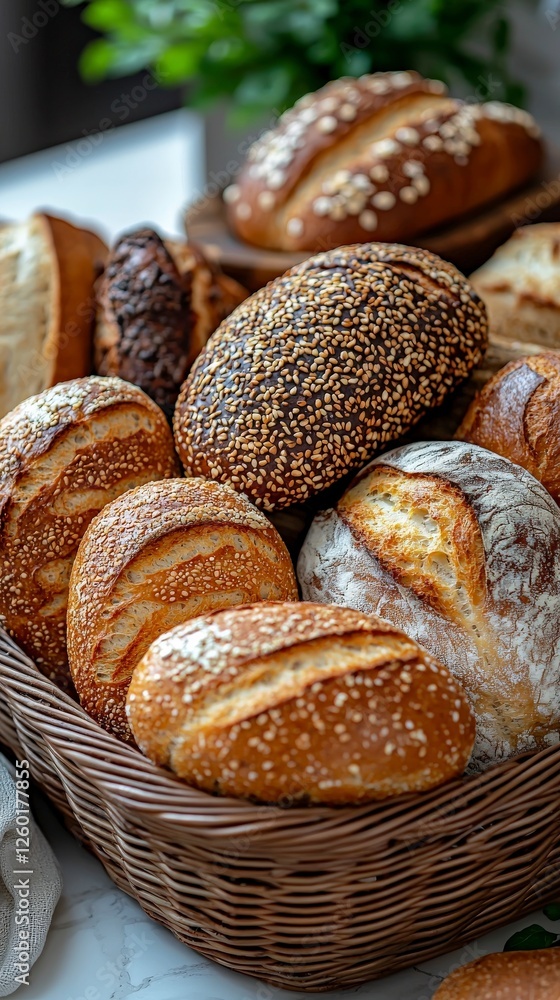 Poster a charming display of various bread styles showcased in a basket, each showcasing unique patterns, p