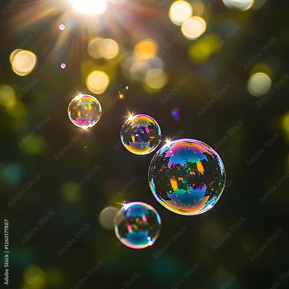 Poster colorful soap bubbles floating in sunlight with a blurred green background creating a dreamy effect
