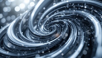 Whirling silver vortex with shimmering particles in motion