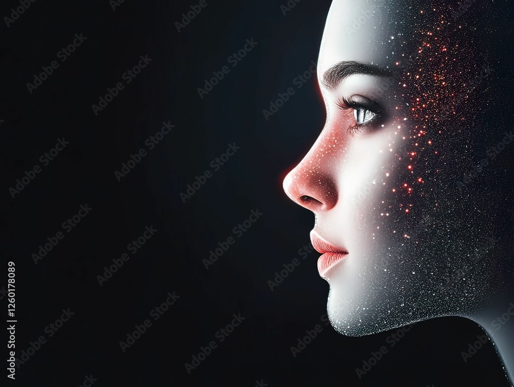 Poster exploring human and ai contrast a split-screen comparison of technology and emotion in a dark enviro