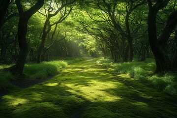 Obraz premium A mystical forest trail covered in vibrant green moss, surrounded by ancient twisted trees with sunlight filtering through the dense canopy, creating an enchanting and serene atmosphere