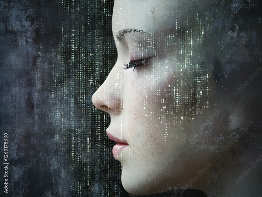 Poster sci-fi faces merging with data futuristic environment digital abstract concept side view perspective