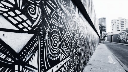 Naklejka premium Monochromatic Urban Art: A Black and White Street Mural