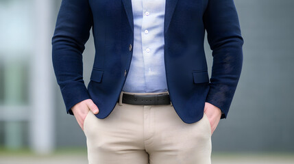 A stylish black and blue blazer paired with beige fabric trousers, creating a sophisticated and professional outfit suitable for business or formal occasions.
