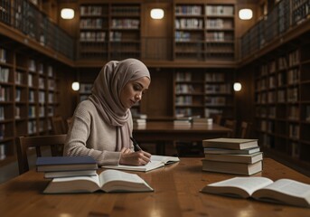 Focused Muslim Woman in Hijab Studying in a Library