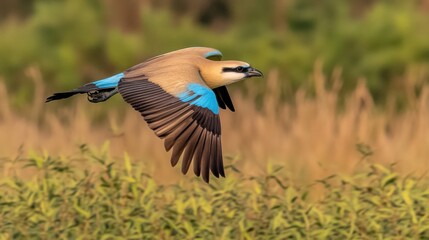 Obraz premium Colorful Avian Species In Flight Over Natural Habitat With Golden Grasses In Background
