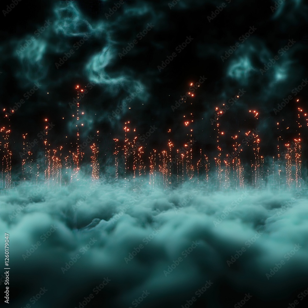 Poster Surreal malware visualization as glowing fog digital realm visual abstract setting low angle conceptual impact