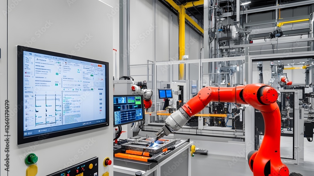 Poster an automated robotic arm is welding in a modern factory