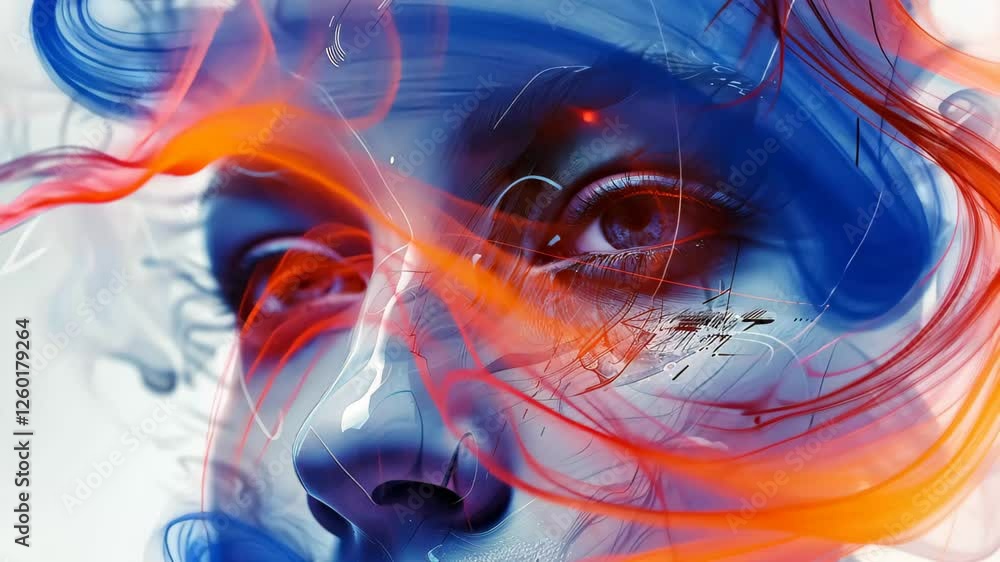 Poster this artwork features a close-up of a face that merges human features with abstract designs, highlig
