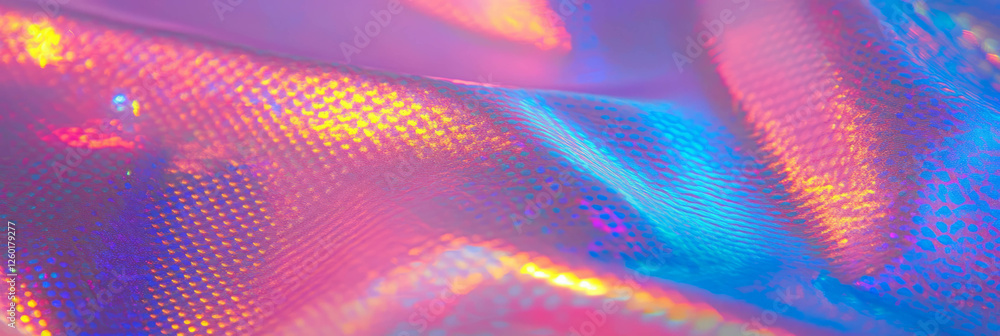 Poster shiny pvc texture with bright neon accents reflecting vibrant colors in unique patterns
