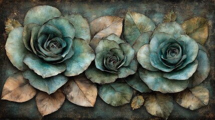Elegant teal roses softly bloom dark background muted tones. AI Generated