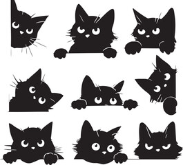 Nine playful black cat silhouettes, in various poses, peeking out from behind a white border.