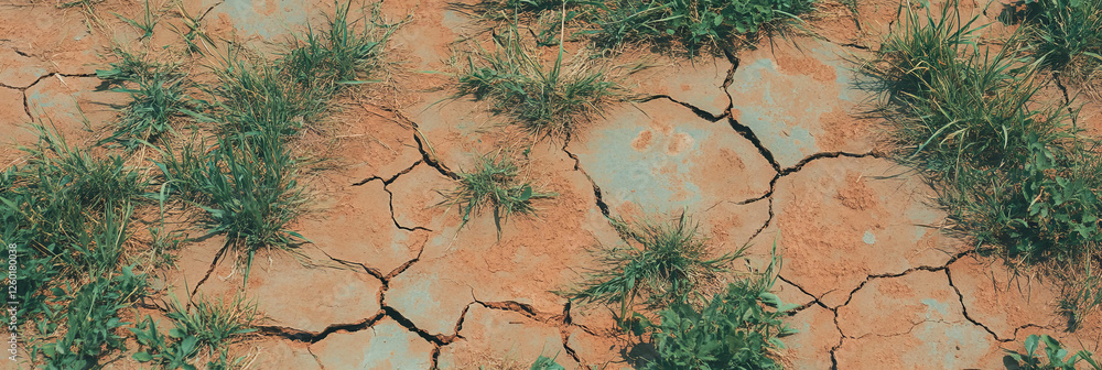 Poster Natural pattern of patchy grass with uneven dry surface and bare spots under top view