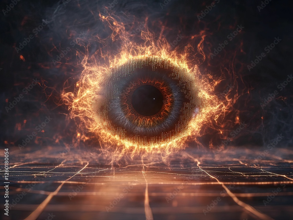 Poster digital eye in flames abstract virtual space tech environment close-up view visionary concept