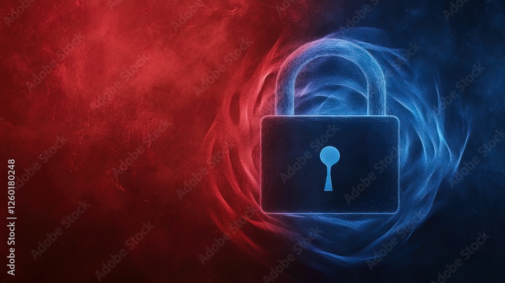 Poster artistic representation of a padlock surrounded by compressed red and blue swirls digital abstract e