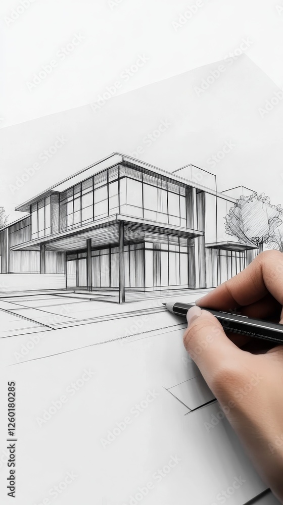 Poster architectural sketch of a modern building with a hand drawing, showcasing design elements and layout