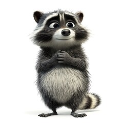 Obraz premium Cute cartoon raccoon, hopeful pose, white background, children's book illustration