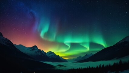 Breathtaking night sky featuring vibrant auroras dancing over majestic mountains, creating a stunning contrast with a starry backdrop. Ideal for nature and travel enthusiasts