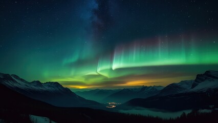 Breathtaking night sky featuring vibrant auroras dancing over majestic mountains, creating a stunning contrast with a starry backdrop. Ideal for nature and travel enthusiasts
